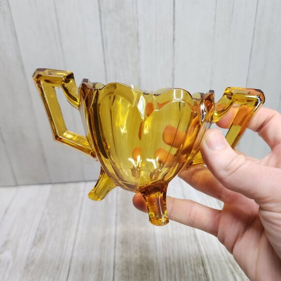 Vintage MCM Amber Pressed Glass Footed Crown Top Dish Bowl with Two Handle - Picture 2 of 9